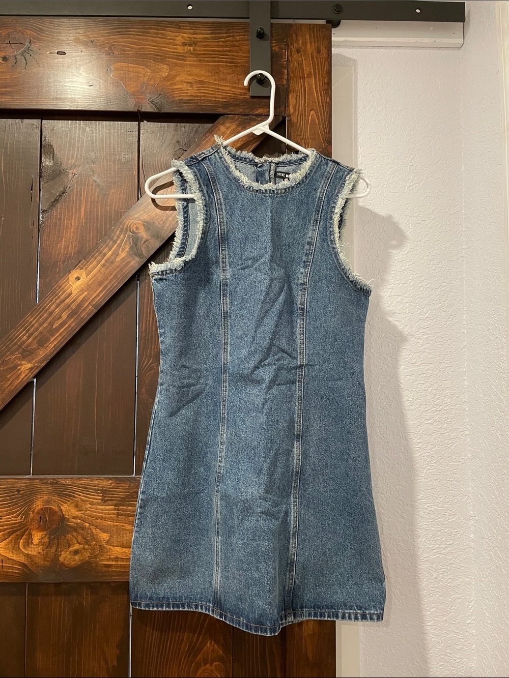 New Steve Madden Solara Blue Denim Mini Dress with Frayed Trim